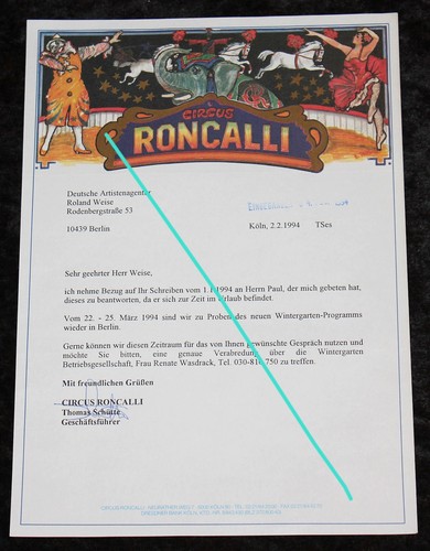 Circus roncalli brief an - roncalli, ,brief